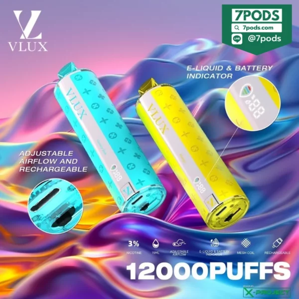 พอตใช้แล้วทิ้ง VLUX 12000 puffs ปรับลมได้ มีจอ LED แสดงปริมาณน้ำยา และ แบตเตอรี่